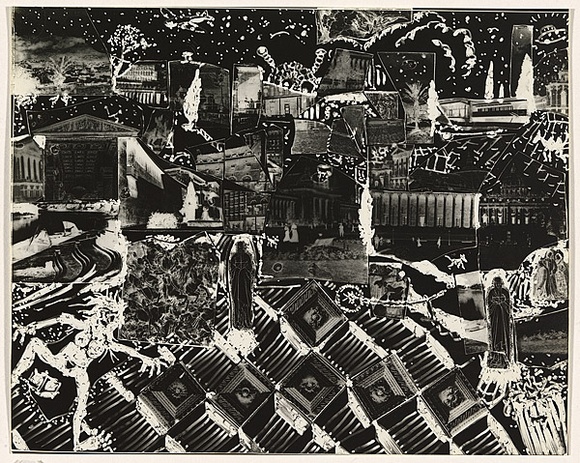 Title: not titled [collage composition, religious motifs at centre and lower right] | Date: c.1993 | Technique: cliché-verre, printed in black, from hand-drawn negative