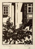 Artist: Hawkins, Weaver. | Title: The Piazza | Date: c.1930 | Technique: linocut, printed in black ink, from one block | Copyright: The Estate of H.F Weaver Hawkins