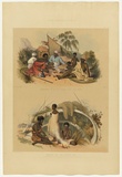 Artist: Angas, George French. | Title: Encampment of native women near Cape Jervis; Natives of Encounter Bay making cord for fishing nets. | Date: 1846-47 | Technique: lithograph, printed in colour, from multiple stones; varnish highlights by brush