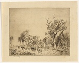Artist: LINDSAY, Lionel | Title: Droving | Date: c.1942 | Technique: etching, printed in warm black ink, from one plate | Copyright: Courtesy of the National Library of Australia