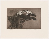 Artist: SHIHE, Dai | Title: not titled [animal skull beside scrub]. | Date: 2004, March 3 | Technique: etching and aquatint, printed in sepia ink, from one plate