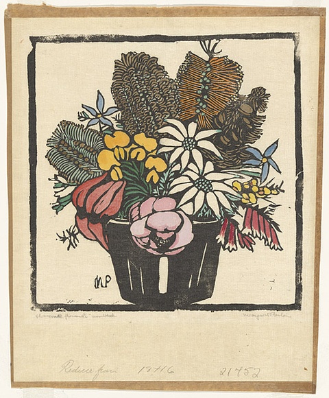 Artist: PRESTON, Margaret | Title: Flannel flowers. | Date: 1928 | Technique: woodcut, printed in black ink, from one block; hand-coloured | Copyright: © Margaret Preston. Licensed by VISCOPY, Australia