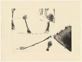 Artist: Murphey, Idris. | Title: Not titled [ambiguous landscape- trees around edge, three centre trees and hill on right]. | Date: 2002 | Technique: etching and open-bite, printed in black ink, from one plate
