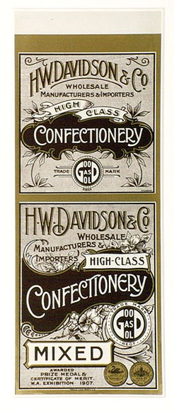 Title: Label: H.W. Davidson & Company. Confectionery | Date: c.1920 | Technique: lithograph, printed in colour, from multiple stones [or plates]