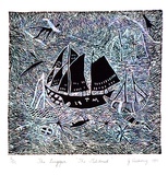 Artist: JENUARRIE | Title: The lugger 'The Mildred' | Date: 1986 | Technique: linocut, printed in black ink, from one block; hand-coloured,