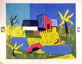 Artist: Brash, Barbara. | Title: Landscape with red bridge. | Date: c.1954 | Technique: linocut, printed in colour, from five blocks