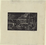 Artist: Jack, Kenneth. | Title: Hotel outbuildings, Berwick | Date: 1953 | Technique: line-engraving, printed in relief in black ink, from one perspex plate | Copyright: © Kenneth Jack. Licensed by VISCOPY, Australia
