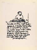 Artist: Heyes, Ken. | Title: he sits in the right foreground, probably taking notes. He is consulting a volume he holds open on the table with his left hand - his eyes can't be seen - looking, as it were, into the lower right edge of the photograph. | Date: 1984 | Technique: photocopy