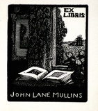 Artist: LINDSAY, Lionel | Title: Bookplate: John Lane Mullins | Date: 1922 | Technique: wood-engraving, printed in black ink, from one block | Copyright: Courtesy of the National Library of Australia