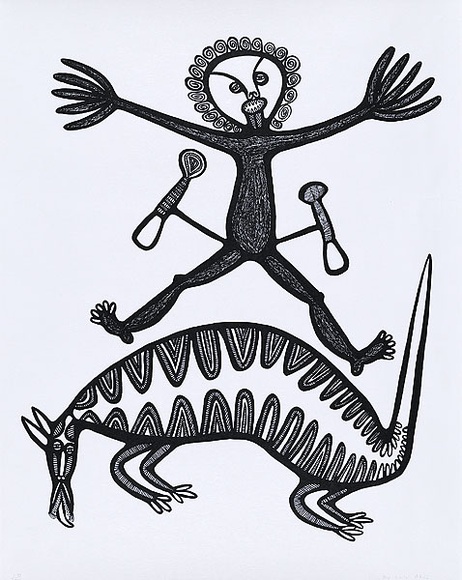 Artist: Akis, Timothy | Title: not titled [man with bandicoot]. | Date: c.1977 | Technique: photo-screenprint, printed in black ink, from one stencil