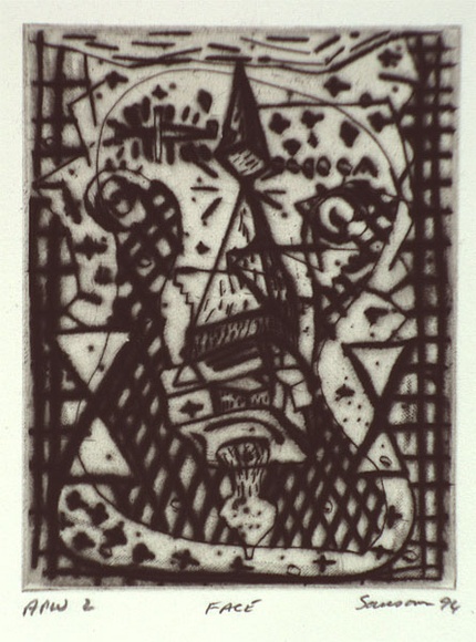 Artist: SANSOM, Gareth | Title: Face | Date: 1994, January - March | Technique: drypoint and roullette, printed in black ink, from one plate Artist: SANSOM, Gareth | Title: Face | Date: 1994, January - March | Technique: drypoint and roullette, printed in black ink, from one plate