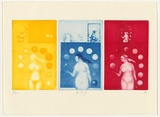 Artist: SCHMEISSER, Jorg | Title: Zu. No.9 (To No.9-an additional page of 3 etchings in yellow, blue and red indicating the method by which print No.9 is made | Date: 1976 | Technique: etching and aquatint, printed in black ink, from one plate | Copyright: © Jörg Schmeisser