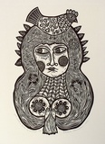 Artist: HANRAHAN, Barbara | Title: Girl with a bird on her head. | Date: 1989 | Technique: linocut, printed in black ink, from one block