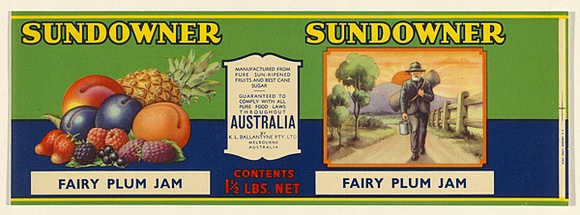 Artist: UNKNOWN | Title: Label: Sundowner fairy plum jam | Date: c.1920 | Technique: lithograph, printed in colour, from multiple stones [or plates]