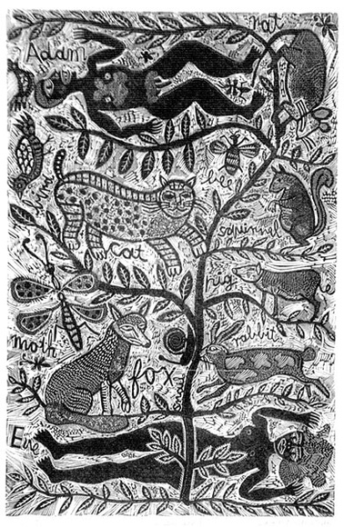 Artist: HANRAHAN, Barbara | Title: Adam and Eve | Date: 1977 | Technique: wood-engraving, printed in black ink, from one block Artist: HANRAHAN, Barbara | Title: Adam and Eve | Date: 1977 | Technique: wood-engraving, printed in black ink, from one block