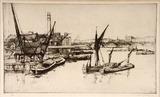 Artist: LONG, Sydney | Title: The river from Blackfriars Bridge | Date: 1925 | Technique: line-etching, drypoint, printed in black ink from one copper plate | Copyright: Reproduced with the kind permission of the Ophthalmic Research Institute of Australia