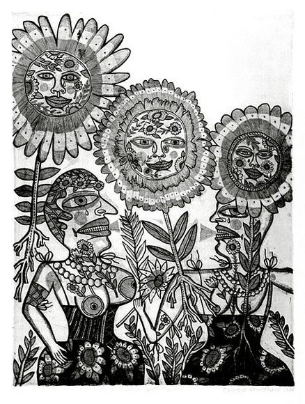 Artist: HANRAHAN, Barbara | Title: Conversation with flowers | Date: 1974 | Technique: etching, printed in black ink with plate-tone, from one plate