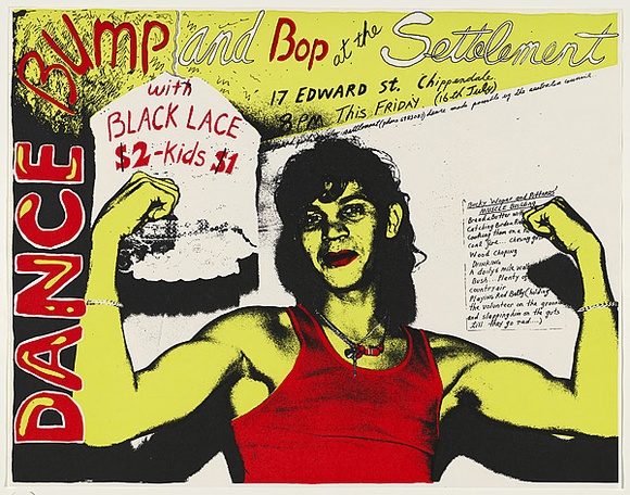 Artist: WORSTEAD, Paul | Title: Bump and Bop at the Settlement - (wopper's no.1) - Black lace. | Date: 1976 | Technique: screenprint, printed in colour, from three stencils | Copyright: This work appears on screen courtesy of the artist Artist: WORSTEAD, Paul | Title: Bump and Bop at the Settlement - (wopper's no.1) - Black lace. | Date: 1976 | Technique: screenprint, printed in colour, from three stencils | Copyright: This work appears on screen courtesy of the artist