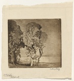 Artist: LONG, Sydney | Title: Small pastoral | Date: (1921) | Technique: drypoint and aquatint, printed in brown ink, from one copper plate | Copyright: Reproduced with the kind permission of the Ophthalmic Research Institute of Australia