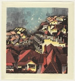 Artist: Thorpe, Lesbia. | Title: Harbour view number 3 | Date: 1980 | Technique: woodcut, printed in colour, from five blocks; additional hand-colouring