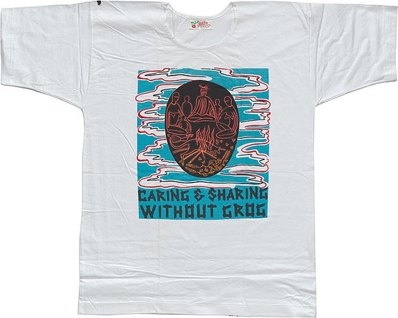 Artist: REDBACK GRAPHIX | Title: T-shirt: Caring and sharing without grog. | Date: 1980 | Technique: screenprint, printed in colour, from multiple stencils Artist: REDBACK GRAPHIX | Title: T-shirt: Caring and sharing without grog. | Date: 1980 | Technique: screenprint, printed in colour, from multiple stencils