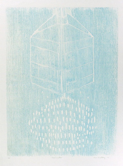 Artist: Buckley, Sue. | Title: Rain maker. | Date: 1972 | Technique: woodcut, printed in blue ink, from one block | Copyright: This work appears on screen courtesy of Sue Buckley and her sister Jean Hanrahan