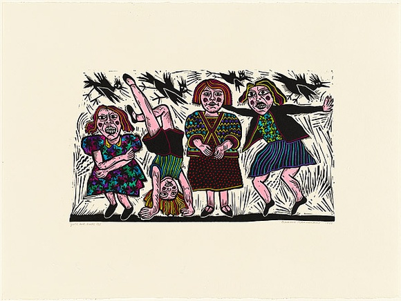 Artist: HANRAHAN, Barbara | Title: Girls and birds | Date: 1988 | Technique: linocut, printed in black ink, from one block, hand-coloured