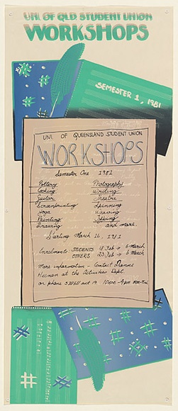 Artist: Doherty, Brian. | Title: Uni. of Qld. Student Union Workshops, Semester 1, 1981. | Date: 1981 | Technique: screenprint, printed in blue/green ink, from multiple stencils | Copyright: © Brian Doherty. Licensed by VISCOPY, Australia