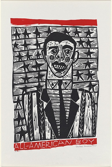 Artist: HANRAHAN, Barbara | Title: All American boy | Date: 1975 | Technique: linocut, printed in black ink from three blocks Artist: HANRAHAN, Barbara | Title: All American boy | Date: 1975 | Technique: linocut, printed in black ink from three blocks