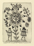 Artist: HANRAHAN, Barbara | Title: Children with sunflower | Date: 1991 | Technique: etching, printed in black ink with plate-tone, from one plate