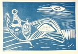 Artist: Stein, Guenter. | Title: (Mother and child in landscape) | Date: (1955) | Technique: linocut, printed in blue ink, from one block | Copyright: © Bill Stevens (name changed by deed poll in 1958)