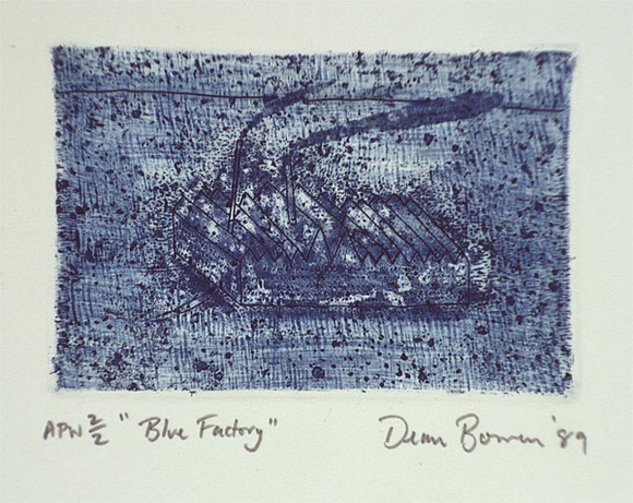 Artist: Bowen, Dean. | Title: Blue factory | Date: 1989, September | Technique: etching, printed in blue ink, from one plate
