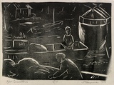 Artist: ROSENGRAVE, Harry | Title: Boat dwellers | Date: 1954 | Technique: linocut, printed in black ink, from one block