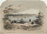 Artist: GILL, S.T. | Title: Government House and Fort Macquarie from Outer Domain, Sydney. | Date: 1856 | Technique: lithograph, printed in black ink, from one stone; hand-coloured
