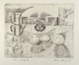 Artist: Anceschi, Eros. | Title: not titled [still life; fruit, ashtray and coffee pot] | Date: 1986, July | Technique: etching, printed in black ink, from one plate