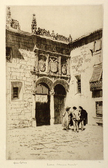 Artist: LINDSAY, Lionel | Title: Facade of the Institute, Salamanca University | Date: 1934 | Technique: etching, printed in black ink with plate-tone, from one plate | Copyright: Courtesy of the National Library of Australia Artist: LINDSAY, Lionel | Title: Facade of the Institute, Salamanca University | Date: 1934 | Technique: etching, printed in black ink with plate-tone, from one plate | Copyright: Courtesy of the National Library of Australia
