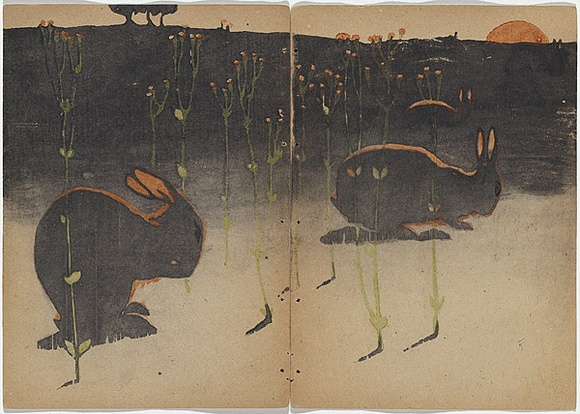 Artist: Teague, Violet. | Title: not titled [four rabbits and grass] [part image] | Date: 1905 | Technique: woodcut, printed in black ink in the Japanese manner, from two blocks