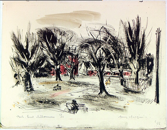 Artist: MACQUEEN, Mary | Title: Park, East Melbourne | Date: c.1956 | Technique: lithograph, printed in black ink, from one plate; hand-coloured | Copyright: Courtesy Paulette Calhoun, for the estate of Mary Macqueen