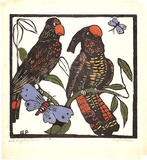 Artist: PRESTON, Margaret | Title: Black cockatoos | Date: 1925 | Technique: woodcut, printed in black ink, from one block; hand-coloured | Copyright: © Margaret Preston. Licensed by VISCOPY, Australia