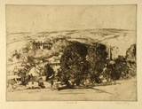 Artist: LONG, Sydney | Title: Dunster | Date: 1927 | Technique: line-etching, aquatint, drypoint printed in black ink, from one copper plate | Copyright: Reproduced with the kind permission of the Ophthalmic Research Institute of Australia