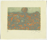 Artist: SELLBACH, Udo | Title: (Landscape) | Date: 1965 | Technique: etching and aquatint, printed in orange and green ink, from one plate