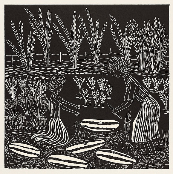 Artist: NANNUP, Laurel | Title: Father Wellems garden | Date: 2001 | Technique: woodcut, printed in black ink, from one block | Copyright: © Laurel Nannup Artist: NANNUP, Laurel | Title: Father Wellems garden | Date: 2001 | Technique: woodcut, printed in black ink, from one block | Copyright: © Laurel Nannup