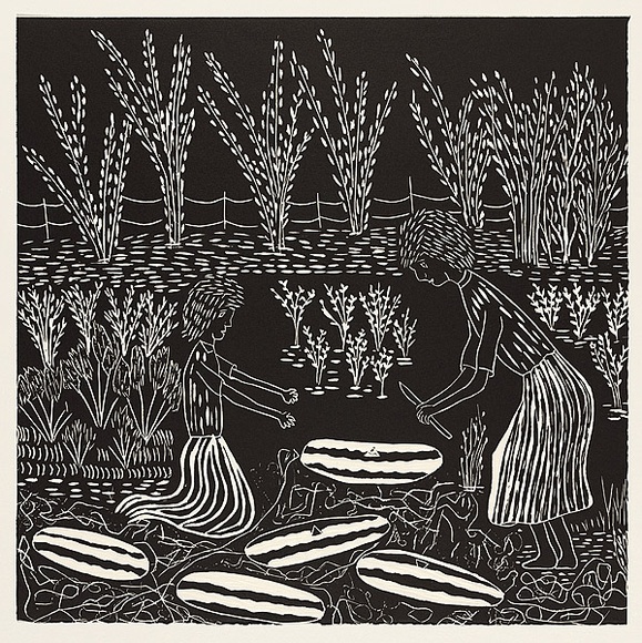 Artist: Nannup, Laurel. | Title: Father Wellems garden | Date: 2001 | Technique: woodcut, printed in black ink, from one block | Copyright: © Laurel Nannup