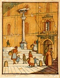 Artist: Syme, Eveline | Title: The Duomo steps, Siena | Date: 1931 | Technique: linocut, printed in colour, from four blocks (yellow ochre, vermillion, cerulean blue, raw umber)