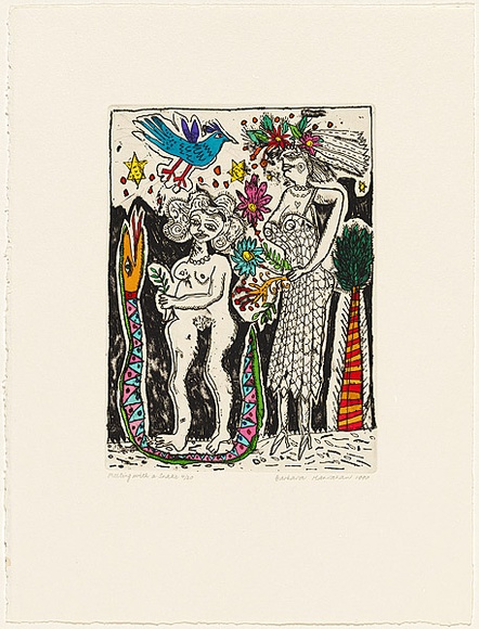 Artist: HANRAHAN, Barbara | Title: Meeting with a snake | Date: 1990 | Technique: etching, printed in black ink with plate-tone, from one plate, hand-coloured