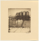 Artist: Rawling, Charles W. | Title: The tanks, Broken Hill Proprietary Mine | Date: 1925 | Technique: etching, printed in brown ink with plate-tone, from one plate