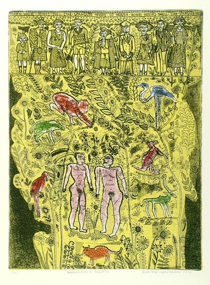 Artist: HANRAHAN, Barbara | Title: Adam and Eve and heroes | Date: 1975 | Technique: etching and aquatint, printed in colour with plate-tone, from one plate Artist: HANRAHAN, Barbara | Title: Adam and Eve and heroes | Date: 1975 | Technique: etching and aquatint, printed in colour with plate-tone, from one plate
