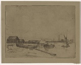 Artist: Bell, George.. | Title: (River with boats and buildings). | Date: c.1912 | Technique: etching, printed in black ink, from one plate