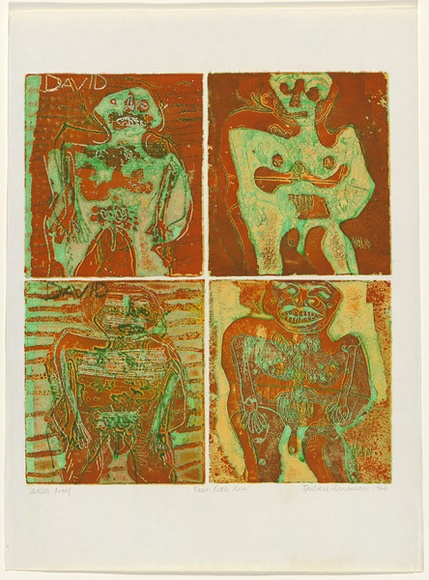 Artist: HANRAHAN, Barbara | Title: Four little men | Date: 1964 | Technique: etching, printed in colour, from four copper plates