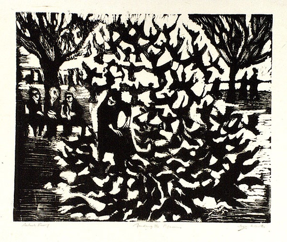 Artist: Allen, Joyce. | Title: Feeding the pigeons. | Date: 1965 | Technique: linocut printed in black ink, from one block